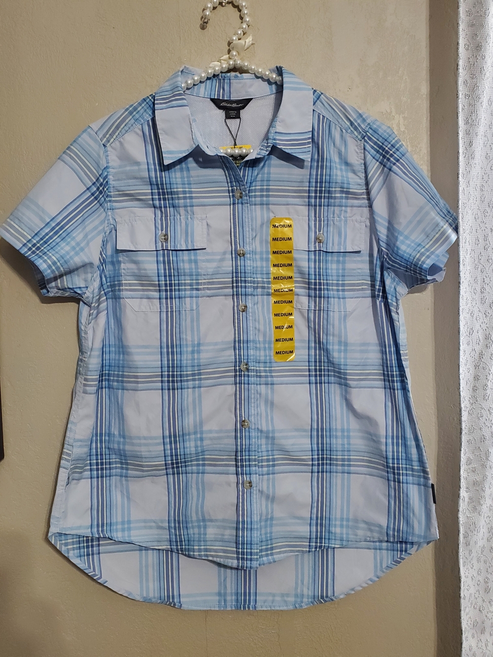 Eddie Bauer Blue Plaid Short-Sleeve Button-Down Shirt
